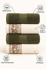 Floral Border Cotton Kitchen Towel Set of 4 – Striped Green & Floral – features