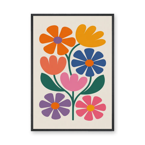 Floral Botanical Retro Wall Art – Colorful Bouquet on Cream