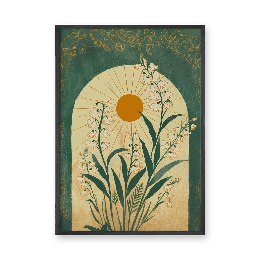 Floral Botanical Vintage Wall Art – White Flowers in a Golden Sun Arch