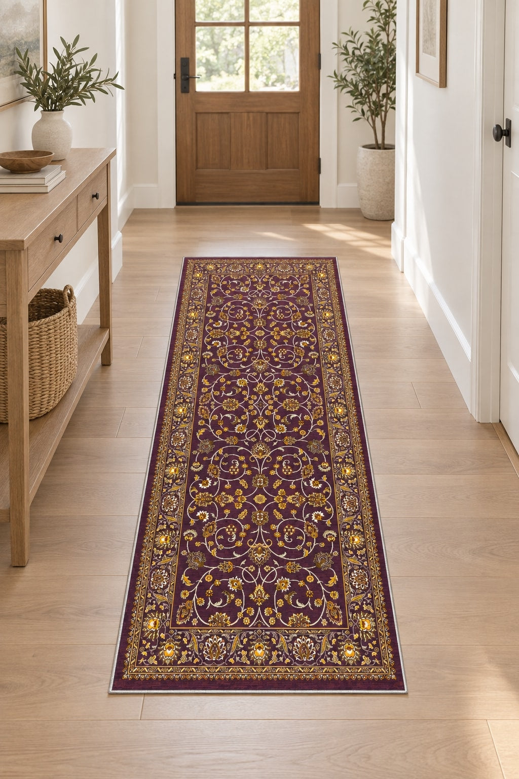 Floral Classic Runner Rug – Burgundy in a hallway