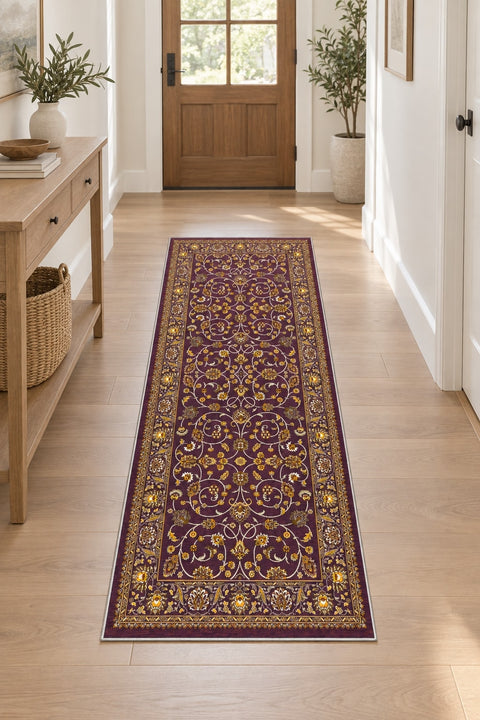 Floral Classic Runner Rug – Burgundy in a hallway