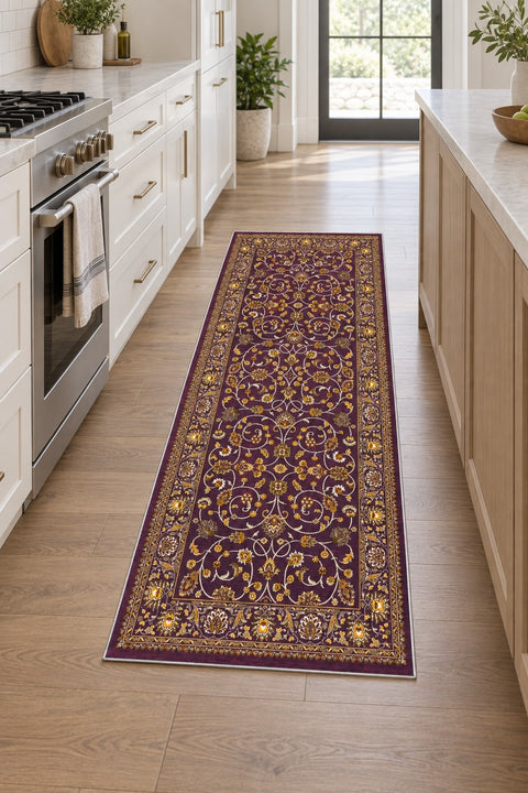 Floral Classic Runner Rug – Burgundy in a kitchen