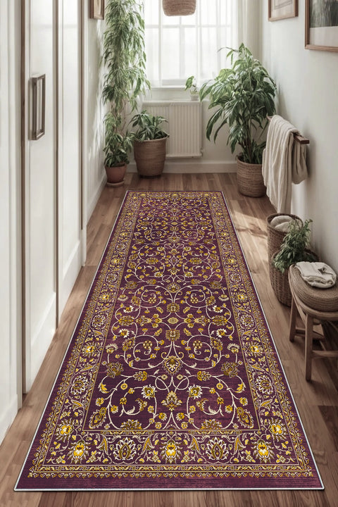 Floral Classic Runner Rug – Burgundy in a hallway