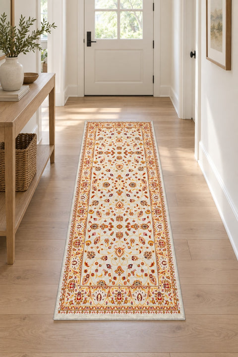Floral Classic Runner Rug – Cream in a hallway