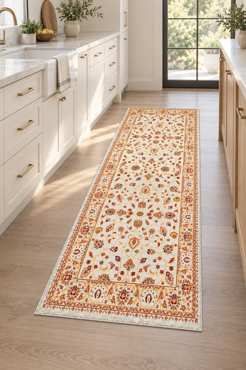 Floral Classic Runner Rug – Cream in a kitchen