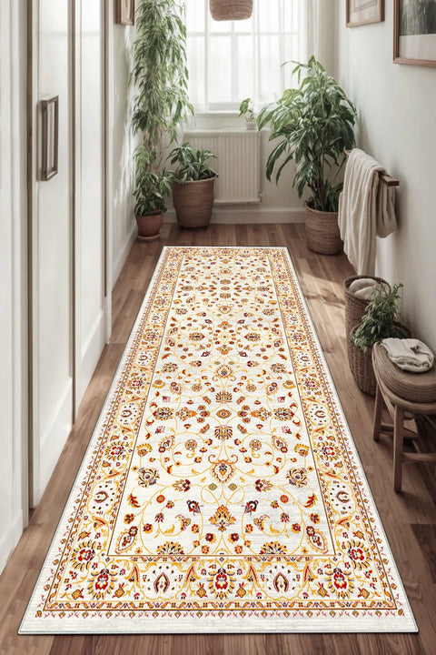 Floral Classic Runner Rug – Cream in a hallway