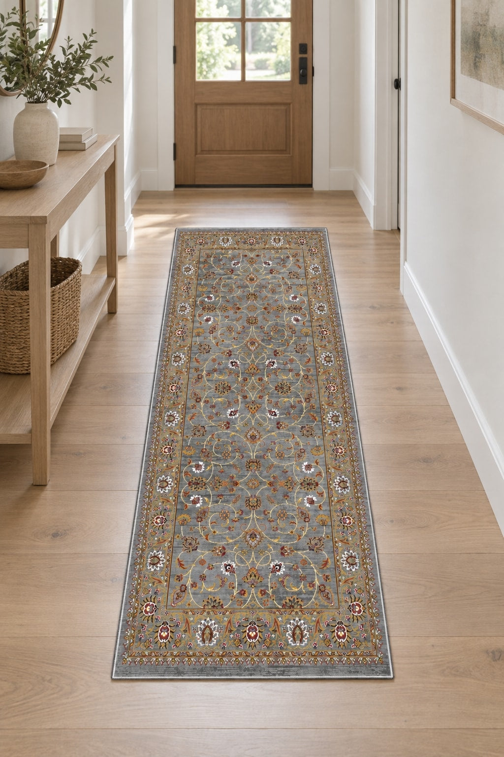 Floral Classic Runner Rug – Gray in a hallway