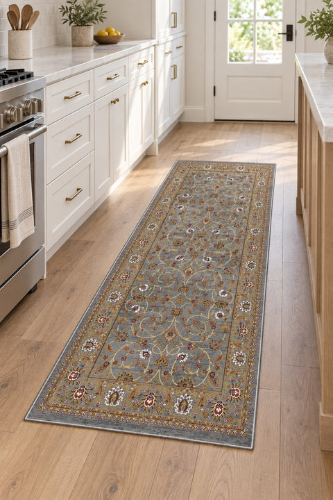 Floral Classic Runner Rug – Gray in a kitchen