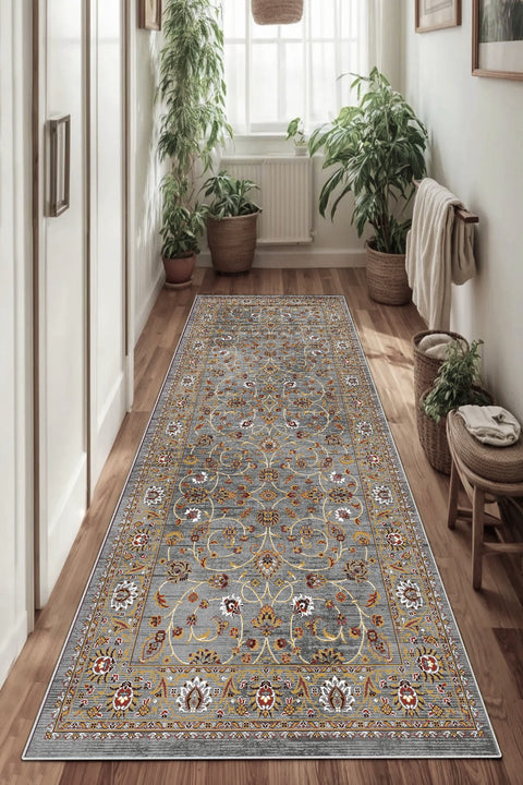Floral Classic Runner Rug – Gray in a hallway