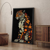 Floral Jaguar Maximalist Wall Art – Orange Botanical Leopard Portrait