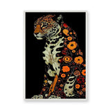 Floral Jaguar Maximalist Wall Art – Orange Botanical Leopard Portrait