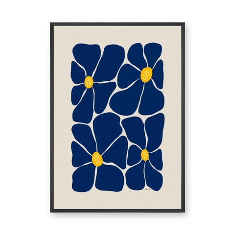 Floral Minimalist Wall Art – Navy Blue Blooms on Cream
