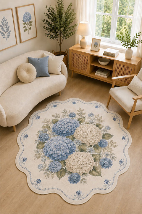 Floral Modern Round Kitchen Rug – Blue in a living room