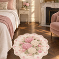 Floral Modern Round Kitchen Rug – Pink in a bedroom
