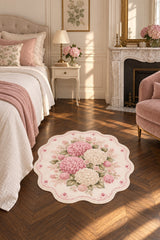 Floral Modern Round Kitchen Rug – Pink in a bedroom