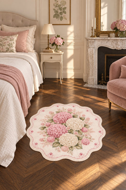 Floral Modern Round Kitchen Rug – Pink in a bedroom