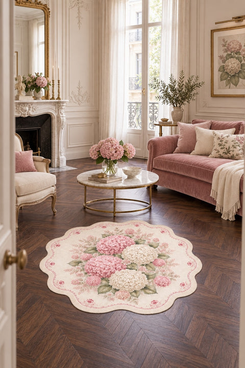 Floral Modern Round Kitchen Rug – Pink in a living room