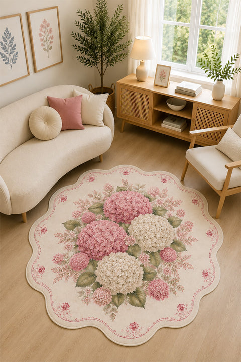 Floral Modern Round Kitchen Rug – Pink in a living room