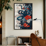 Floral Octopus Traditional Wall Art – Navy Sea Life With Red Blossoms