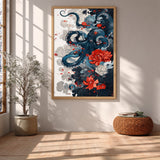 Floral Octopus Traditional Wall Art – Navy Sea Life With Red Blossoms