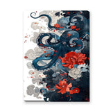 Floral Octopus Traditional Wall Art – Navy Sea Life With Red Blossoms