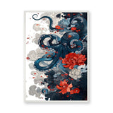 Floral Octopus Traditional Wall Art – Navy Sea Life With Red Blossoms