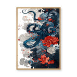 Floral Octopus Traditional Wall Art – Navy Sea Life With Red Blossoms