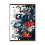 Floral Octopus Traditional Wall Art – Navy Sea Life With Red Blossoms