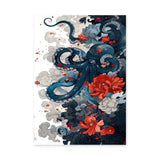 Floral Octopus Traditional Wall Art – Navy Sea Life With Red Blossoms