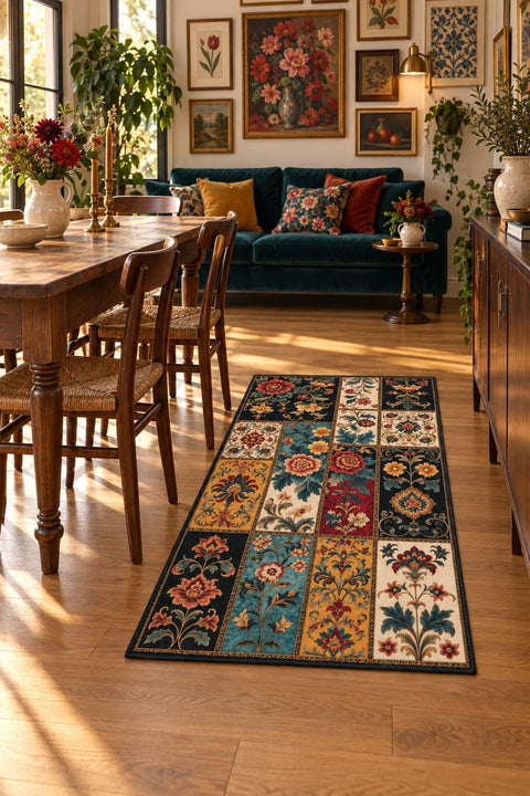 Floral Patchwork Kitchen Rug in a dining room