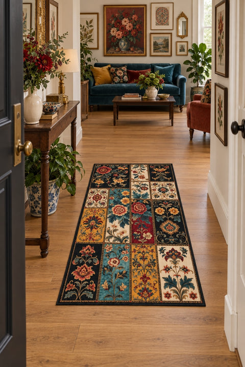 Floral Patchwork Kitchen Rug in a hallway