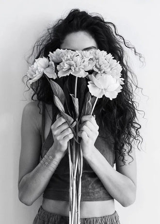 Floral Portrait Photography Modern Wall Art – Woman Behind Flowers