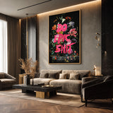 Floral Still Life Typography Wall Art – Dark Bouquet with Hot Pink Quote
