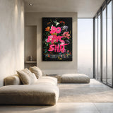 Floral Still Life Typography Wall Art – Dark Bouquet with Hot Pink Quote