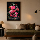 Floral Still Life Typography Wall Art – Dark Bouquet with Hot Pink Quote