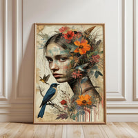 Floral Woman and Bird Aesthetic Wall Print Décor Poster