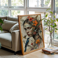 Floral Woman and Bird Aesthetic Wall Print Décor Poster