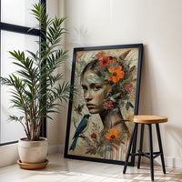 Floral Woman and Bird Aesthetic Wall Print Décor Poster