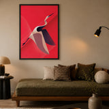 Flying Bird Geometric Modern Wall Art – Cream Heron on Bold Red