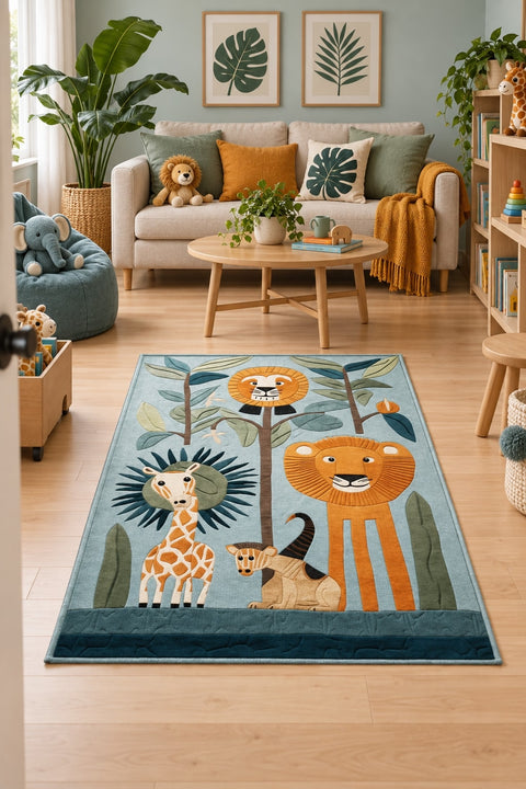 Forest Animals Modern Kids Rug in a living room
