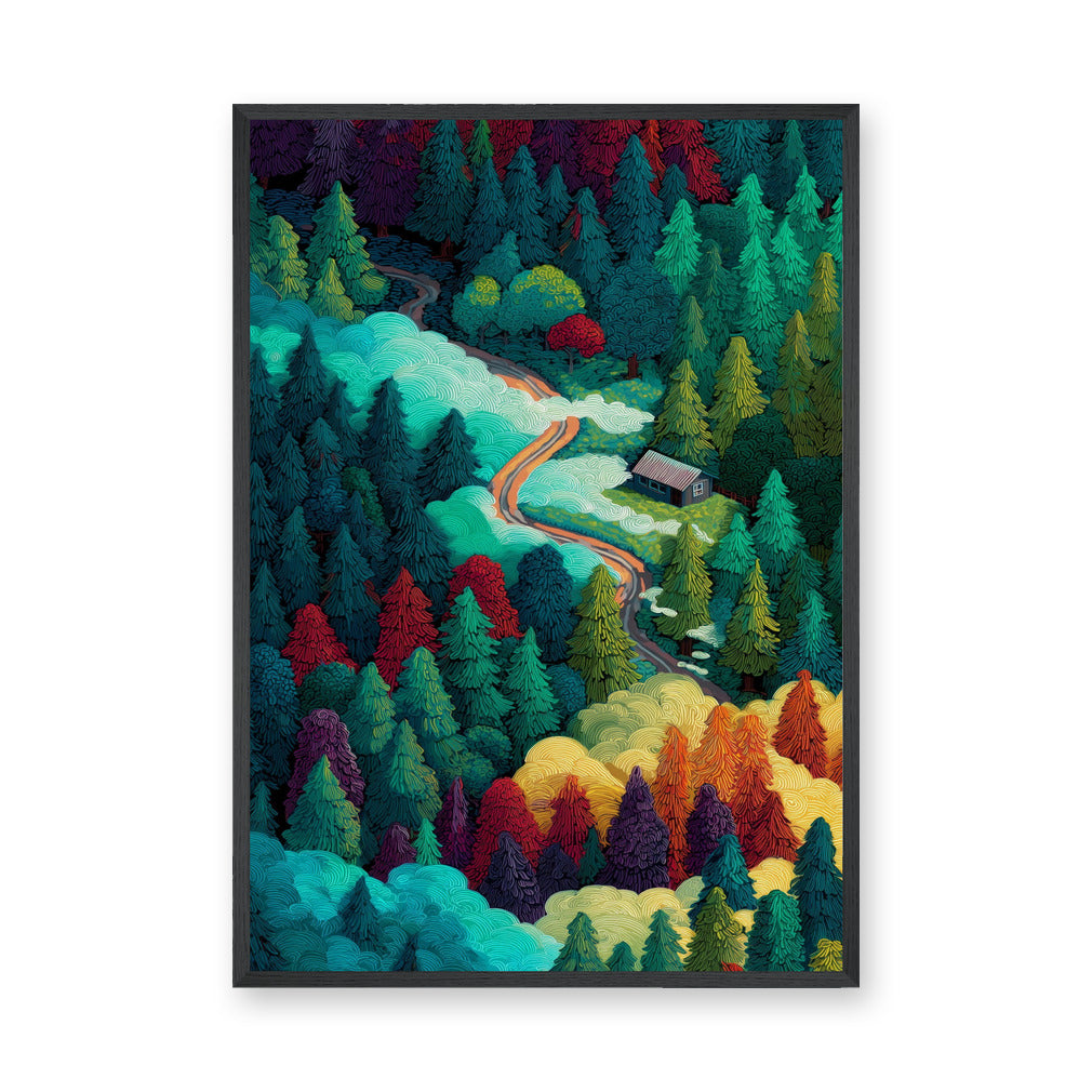 Forest Cabin Maximalist Wall Art – Colorful Evergreen Landscape Print