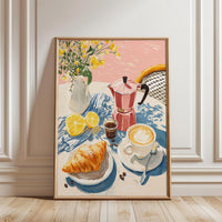 French Café Breakfast Décor Print – Retro Coffee and Croissant Wall Print, Sunny Morning Kitchen & Dining Room Decor