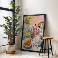 French Café Breakfast Décor Print – Retro Coffee and Croissant Wall Print, Sunny Morning Kitchen & Dining Room Decor