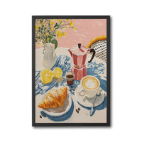 French Café Breakfast Décor Print – Retro Coffee and Croissant Wall Print, Sunny Morning Kitchen & Dining Room Decor