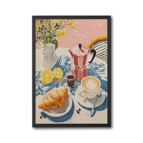 French Café Breakfast Décor Print – Retro Coffee and Croissant Wall Print, Sunny Morning Kitchen & Dining Room Decor