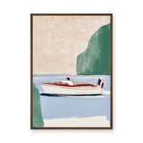 French Coastal Boat Minimalist Wall Art – Pale Blue Riviera Scene
