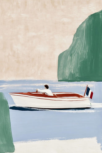 French Coastal Boat Minimalist Wall Art – Pale Blue Riviera Scene