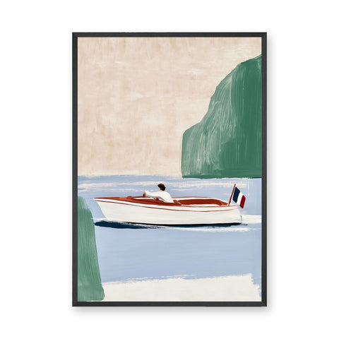 French Coastal Boat Minimalist Wall Art – Pale Blue Riviera Scene