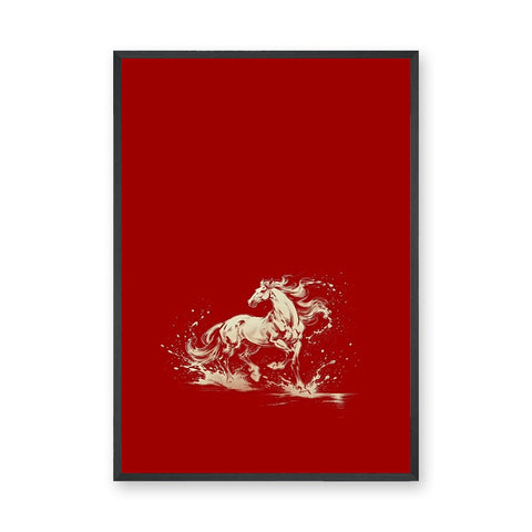 Galloping Horse Traditional Wall Art – Cream Horse on Red
