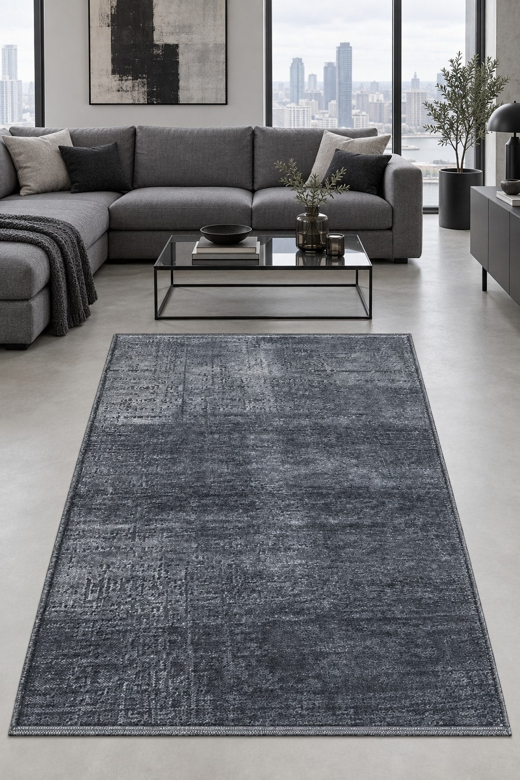 Geometric Boho Area Rug – Charcoal in a living room